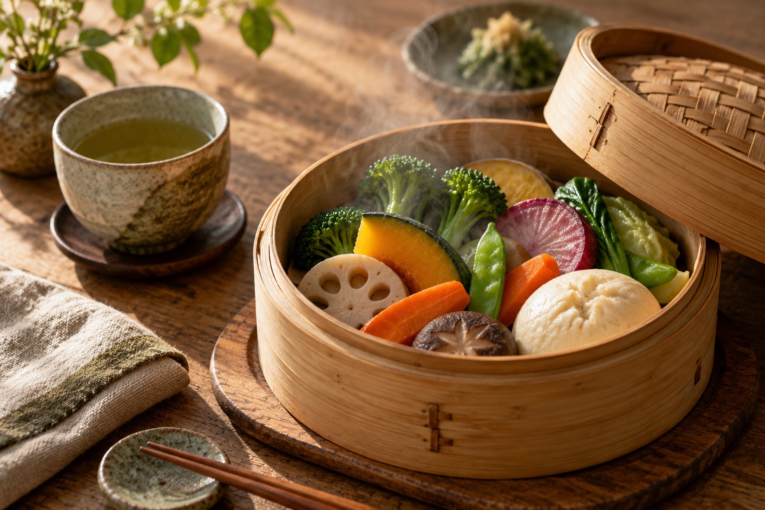 せいろと彩り野菜の食卓の生成イメージ